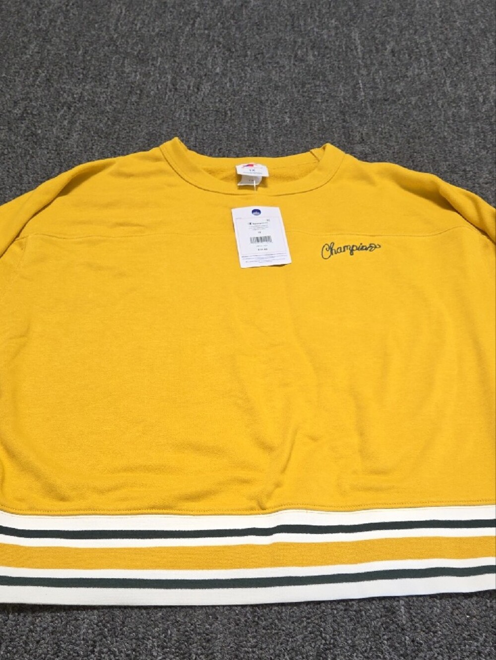 (#2C) Champion Mustard Yellow Crewneck Sweatshirt with Striped Hem - Picture 4 of 9